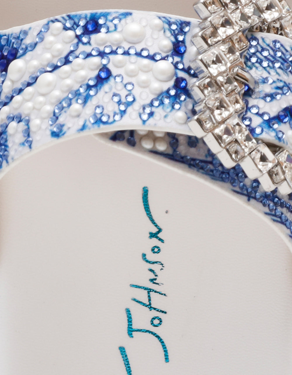 Betsey Johnson MATIE WHITE BLUE FLORAL Women's Footbed Slip-On Floral Rhinestone Sandal