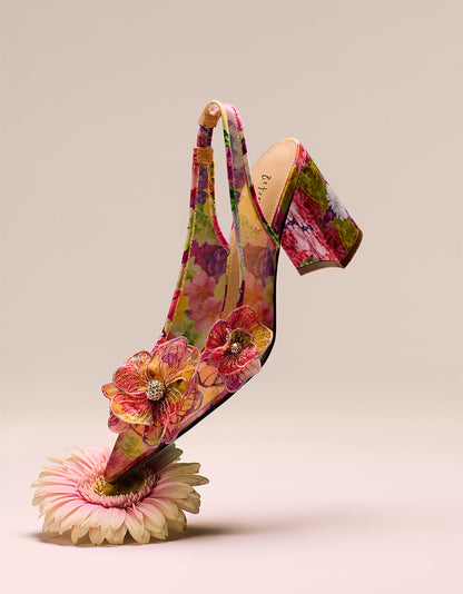 Betsey Johnson PETRA BRIGHT FLORAL Slingback Floral Mesh Block Heel
