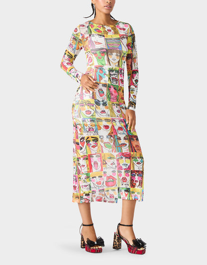 Betsey Johnson BETSEY'S PRINT SHEER DRESS MULTI Women's Long-Sleeved Mesh Sheer Midi Dress