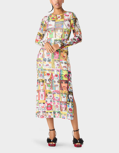 Betsey Johnson BETSEY'S PRINT SHEER DRESS MULTI Women's Long-Sleeved Mesh Sheer Midi Dress