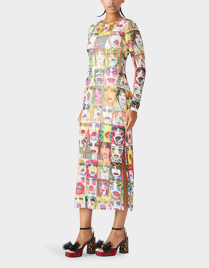 Betsey Johnson BETSEY'S PRINT SHEER DRESS MULTI Women's Long-Sleeved Mesh Sheer Midi Dress