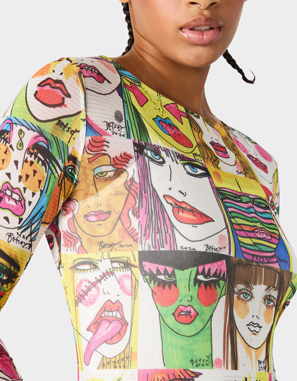 Betsey Johnson BETSEY'S PRINT SHEER DRESS MULTI Women's Long-Sleeved Mesh Sheer Midi Dress