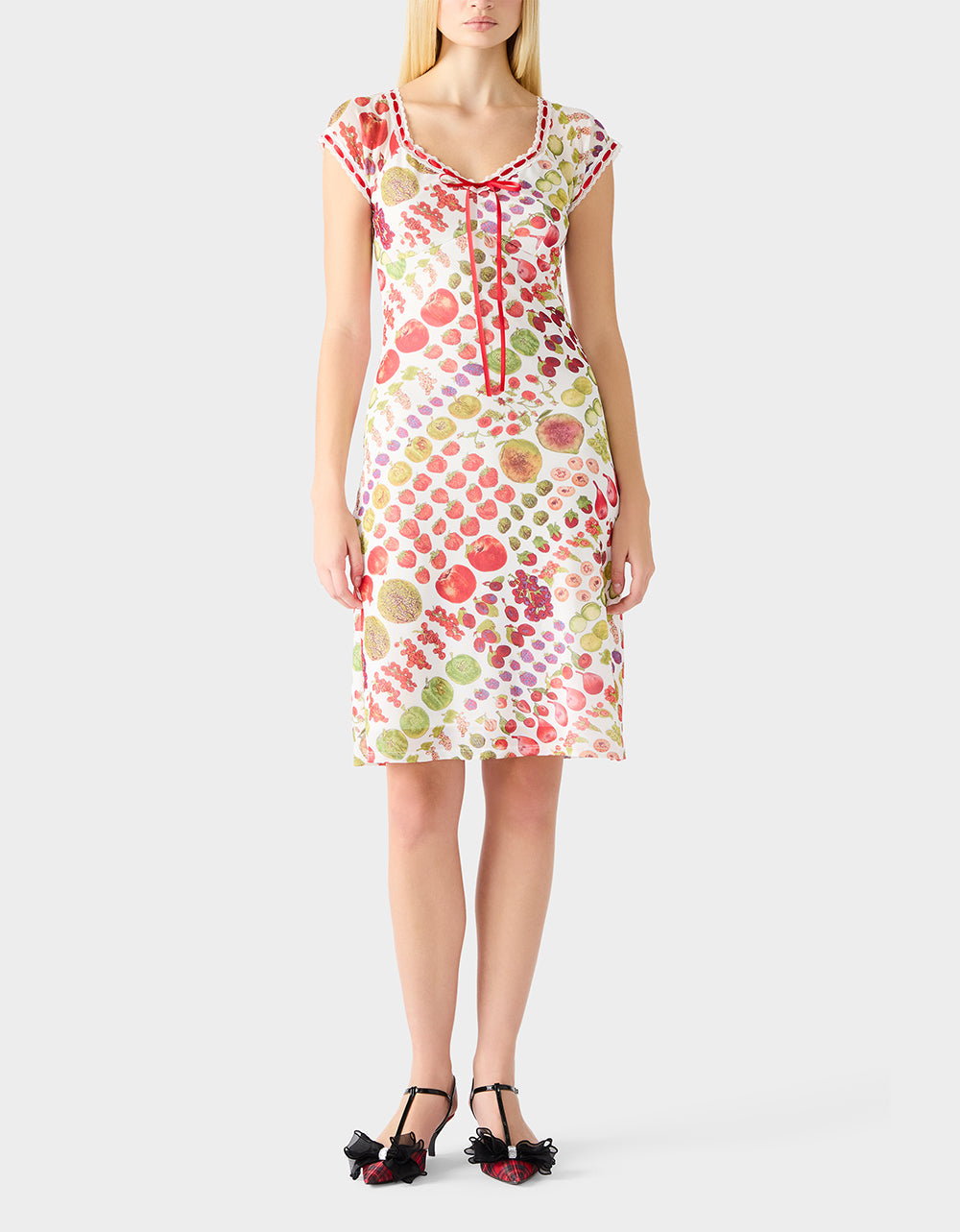 Betsey Johnson BETSEY'S FRUIT DRESS WHITE MULTI Women's Fruit Print Short-Sleeved Slip Dress