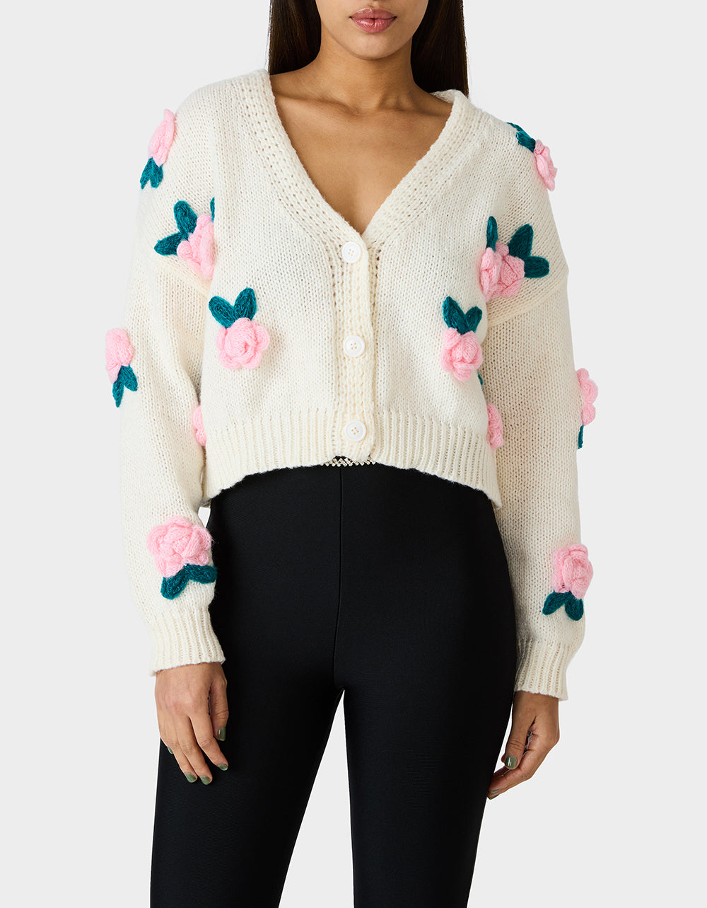 Betsey Johnson ROSETTE CARDIGAN CREAM Women's V-Neck Cardigan Floral Sweater