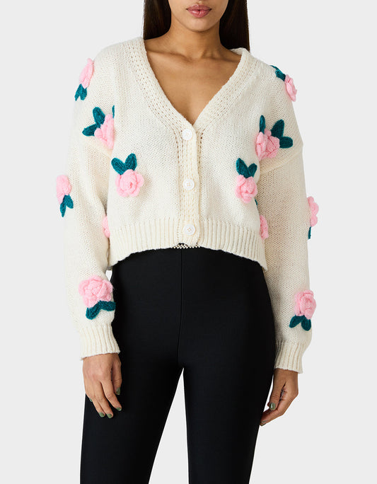 Betsey Johnson ROSETTE CARDIGAN CREAM Women's V-Neck Cardigan Floral Sweater