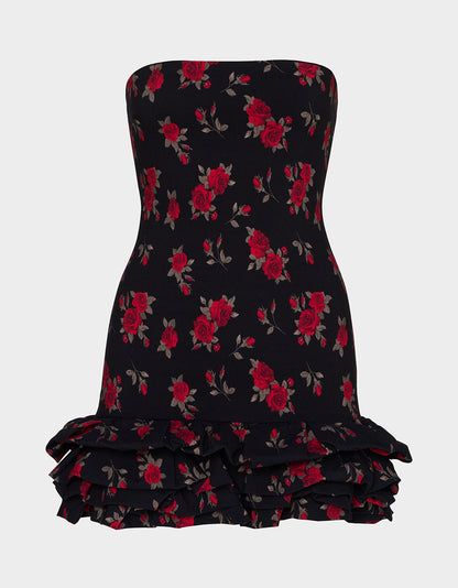 Betsey Johnson ROSIE POSIE DRESS BLACK Women's Strapless Floral Rose Print Mini Dress