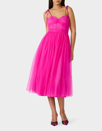 Betsey Johnson GLITTER TULLE MULTI MAGENTA Women's Corset Midi Tulle Dress