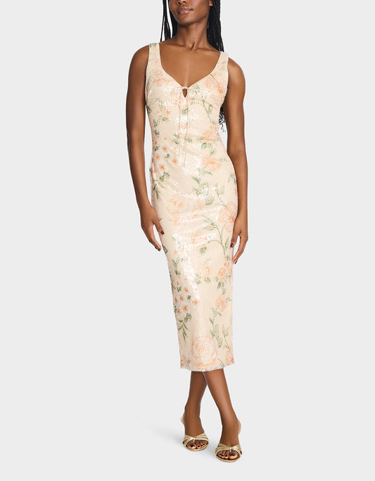 Betsey Johnson APRICOT HAZE DRESS BLURRY FLORAL Women's Midi Sequin Floral Dress