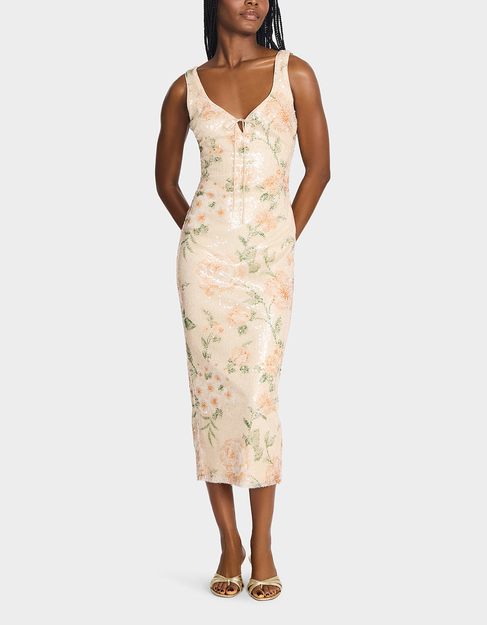 Betsey Johnson APRICOT HAZE DRESS BLURRY FLORAL Women's Midi Sequin Floral Dress