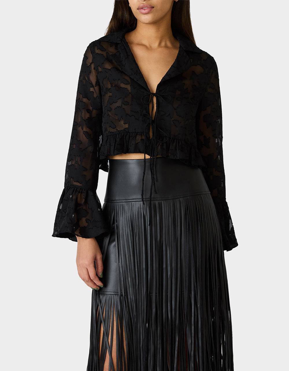 Betsey Johnson OPHELIA NOIR BLOUSE BLACK Women's Tie Front Long Sleeve Mesh Crop Top