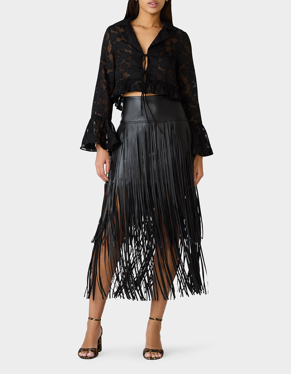 Betsey Johnson OPHELIA NOIR BLOUSE BLACK Women's Tie Front Long Sleeve Mesh Crop Top