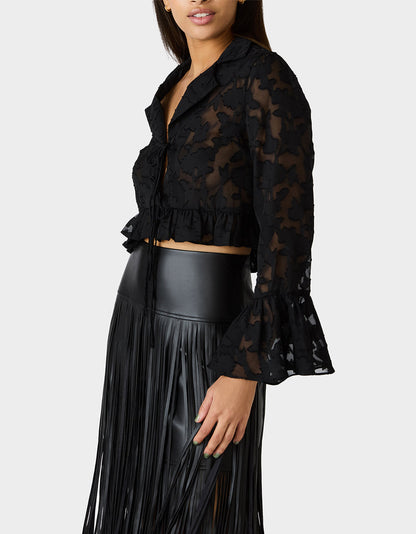 Betsey Johnson OPHELIA NOIR BLOUSE BLACK Women's Tie Front Long Sleeve Mesh Crop Top