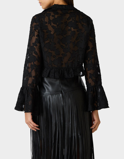 Betsey Johnson OPHELIA NOIR BLOUSE BLACK Women's Tie Front Long Sleeve Mesh Crop Top
