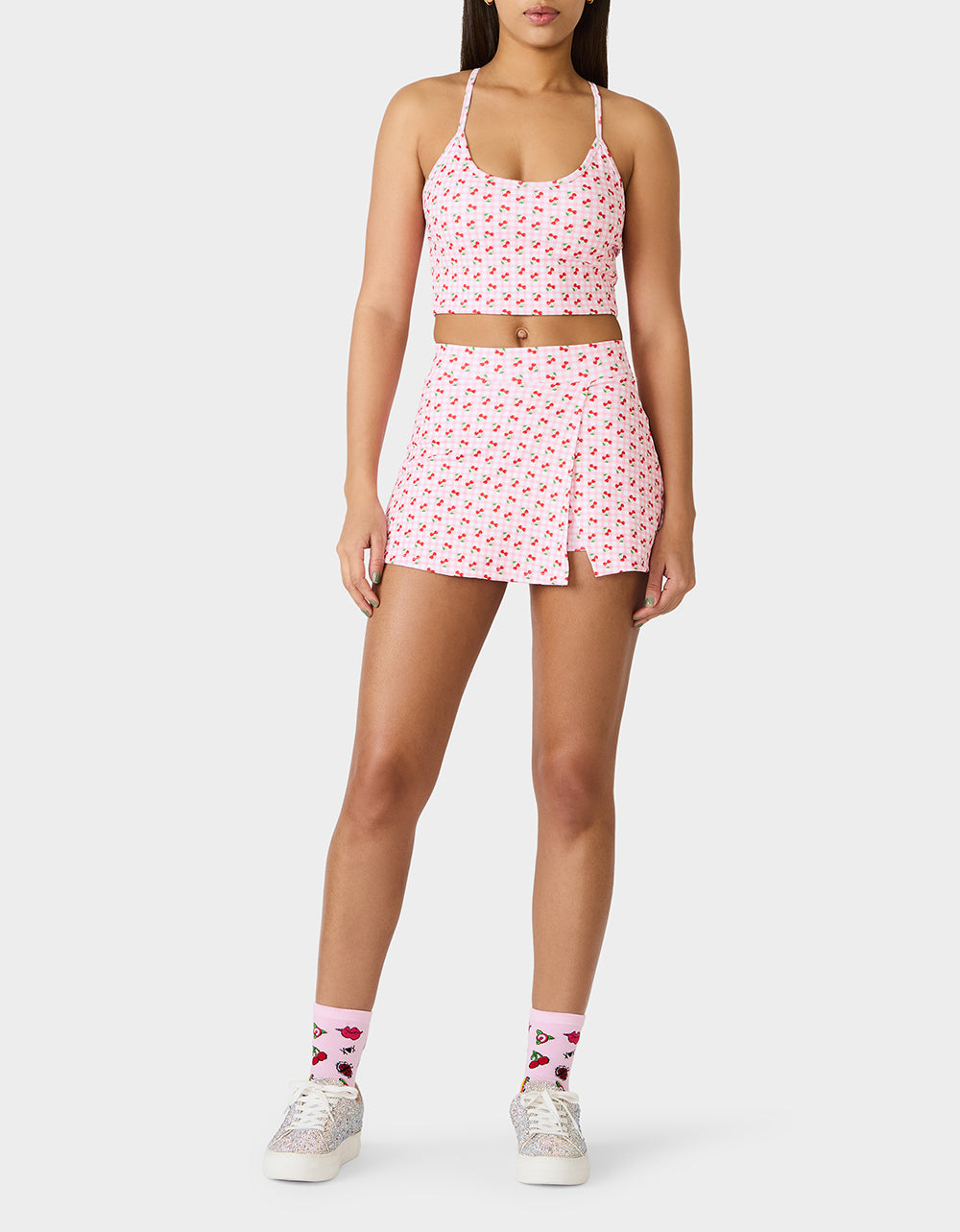 Betsey Johnson CHERRY GINGHAM SET PINK MULTI Women's Pink Cherry Gingham Activewear Tank Top