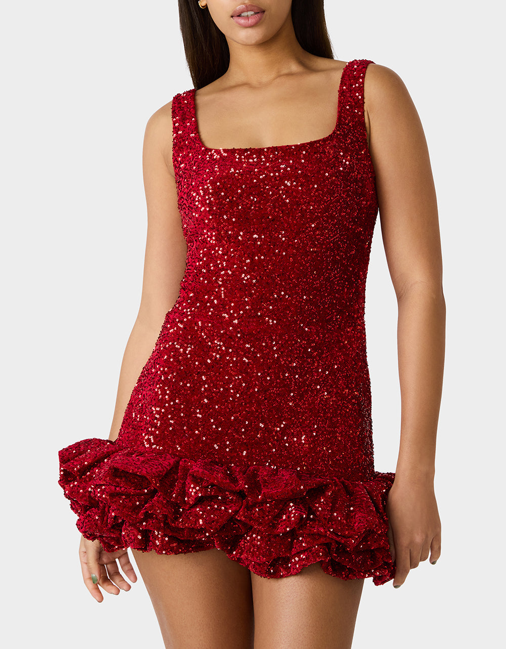 Betsey Johnson FESTIVE FLIRT DRESS RED Red Sequin Mini Dress with Ruffle Hem