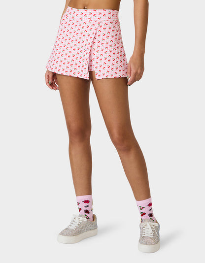 Betsey Johnson CHERRY GINGHAM SIDE SLIT SKORT PINK MULTI Women's Pink Cherry Gingham Activewear Skort