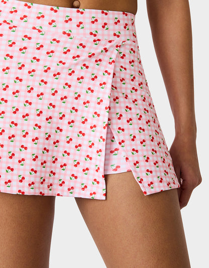 Betsey Johnson CHERRY GINGHAM SIDE SLIT SKORT PINK MULTI Women's Pink Cherry Gingham Activewear Skort