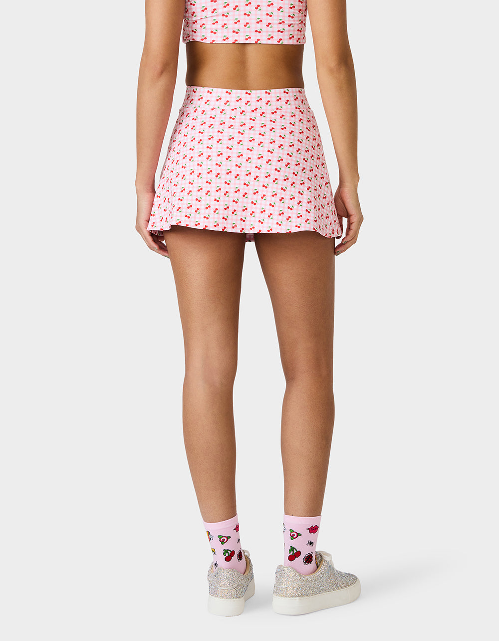 Betsey Johnson CHERRY GINGHAM SIDE SLIT SKORT PINK MULTI Women's Pink Cherry Gingham Activewear Skort