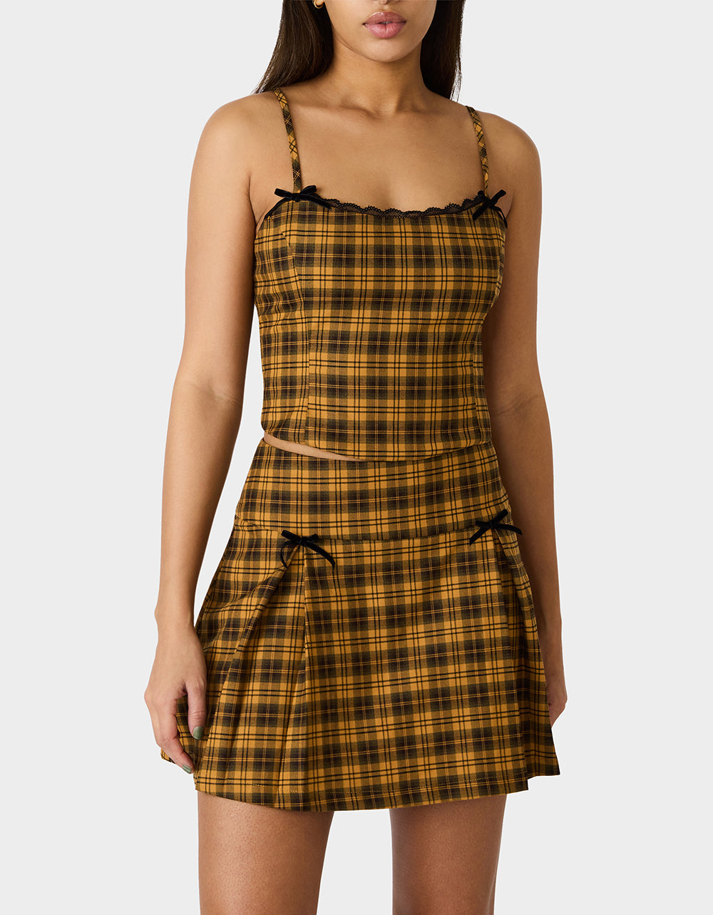 Betsey Johnson RAD PLAID TOP YELLOW PLAID Women's Yellow Plaid Cami with Lace and Bow Details