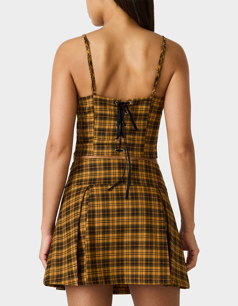 Betsey Johnson RAD PLAID TOP YELLOW PLAID Women's Yellow Plaid Cami with Lace and Bow Details