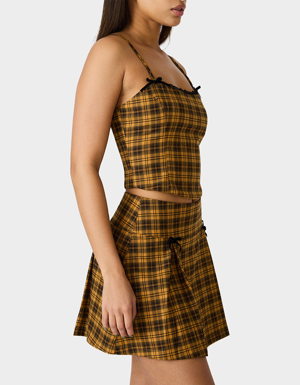 Betsey Johnson RAD PLAID TOP YELLOW PLAID Women's Yellow Plaid Cami with Lace and Bow Details