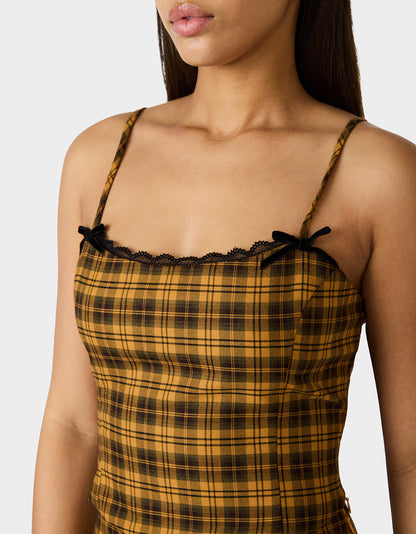 Betsey Johnson RAD PLAID TOP YELLOW PLAID Women's Yellow Plaid Cami with Lace and Bow Details