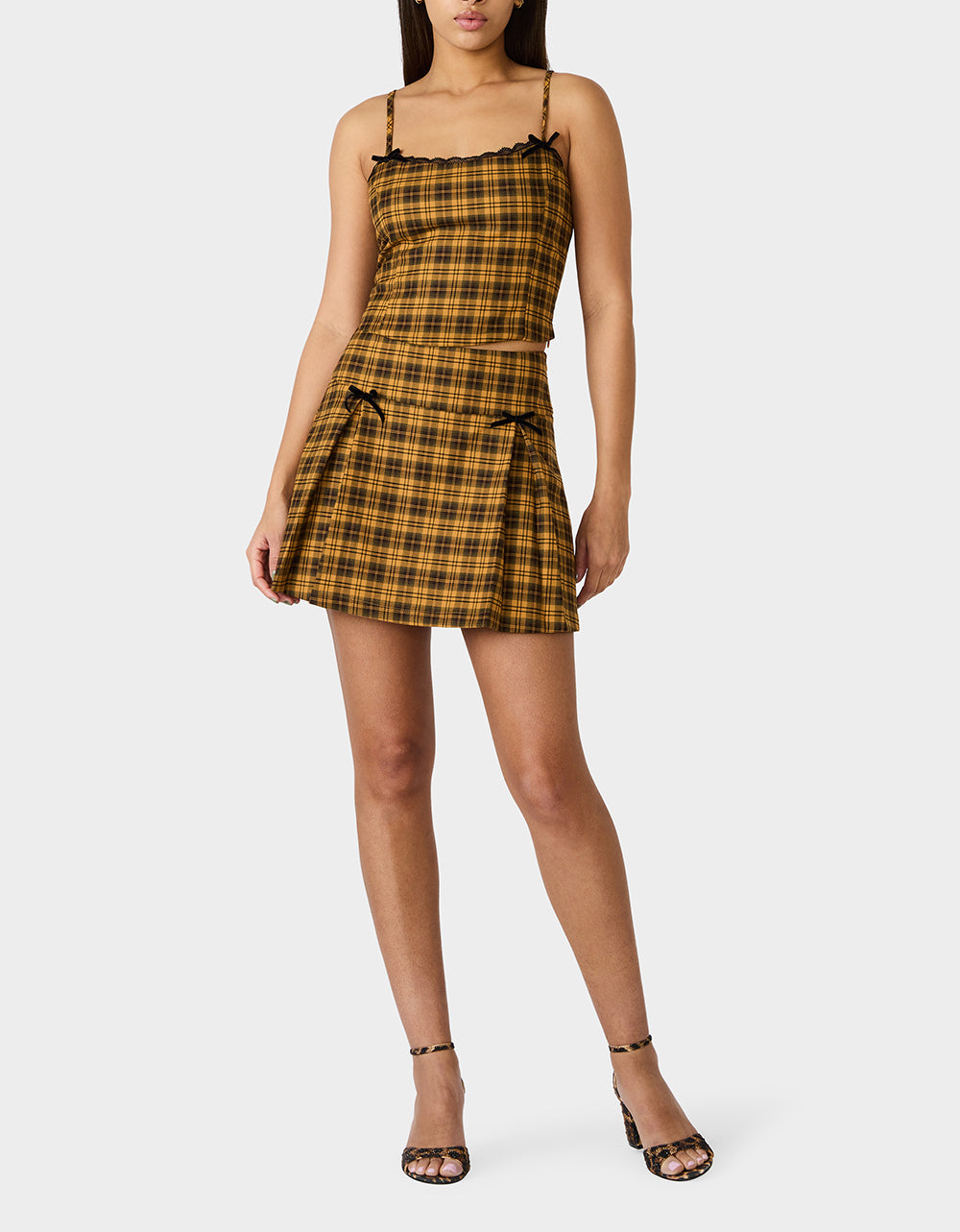 Betsey Johnson RAD PLAID TOP YELLOW PLAID Women's Yellow Plaid Cami with Lace and Bow Details