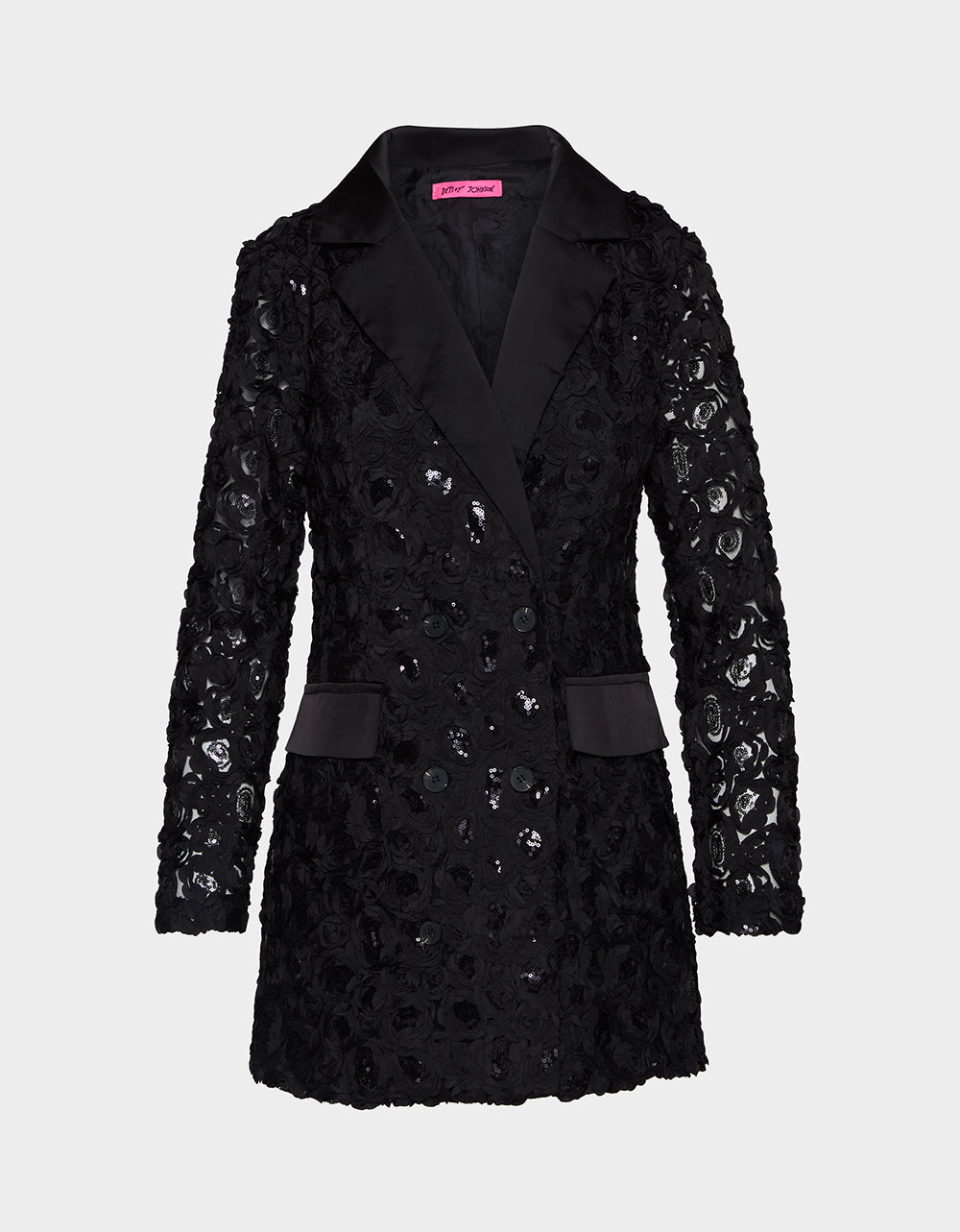Betsey Johnson ROSETTE BLAZER DRESS BLACK Women's Black Blazer Dress with Rose Sequin Details