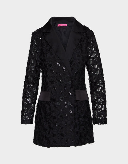 Betsey Johnson ROSETTE BLAZER DRESS BLACK Women's Black Blazer Dress with Rose Sequin Details