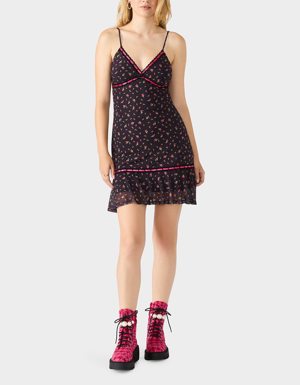 Betsey Johnson ROSEBUD SLIP DRESS BLACK Women's Floral Print Mini Slip Dress