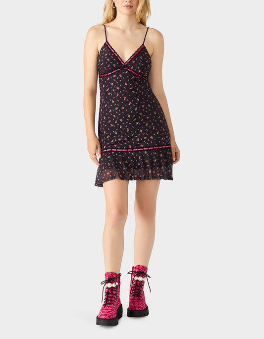Betsey Johnson ROSEBUD SLIP DRESS BLACK Women's Floral Print Mini Slip Dress