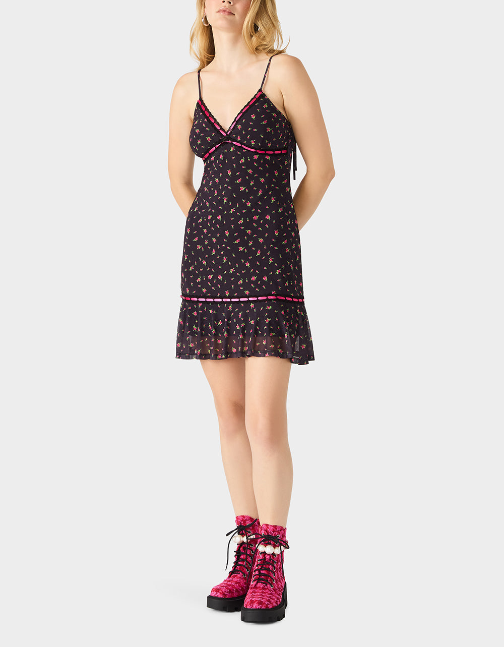 Betsey Johnson ROSEBUD SLIP DRESS BLACK Women's Floral Print Mini Slip Dress