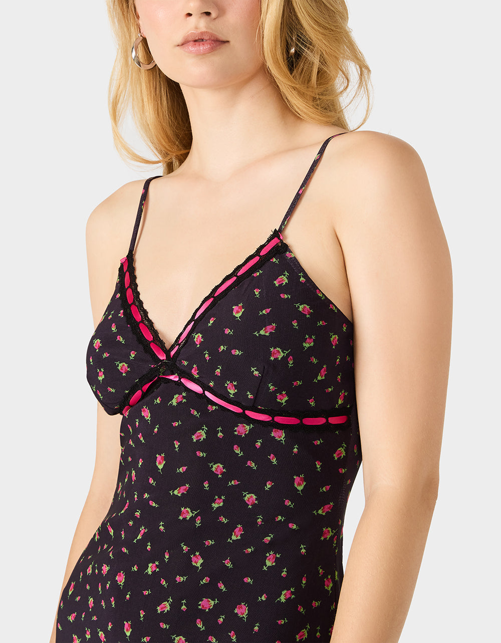 Betsey Johnson ROSEBUD SLIP DRESS BLACK Women's Floral Print Mini Slip Dress