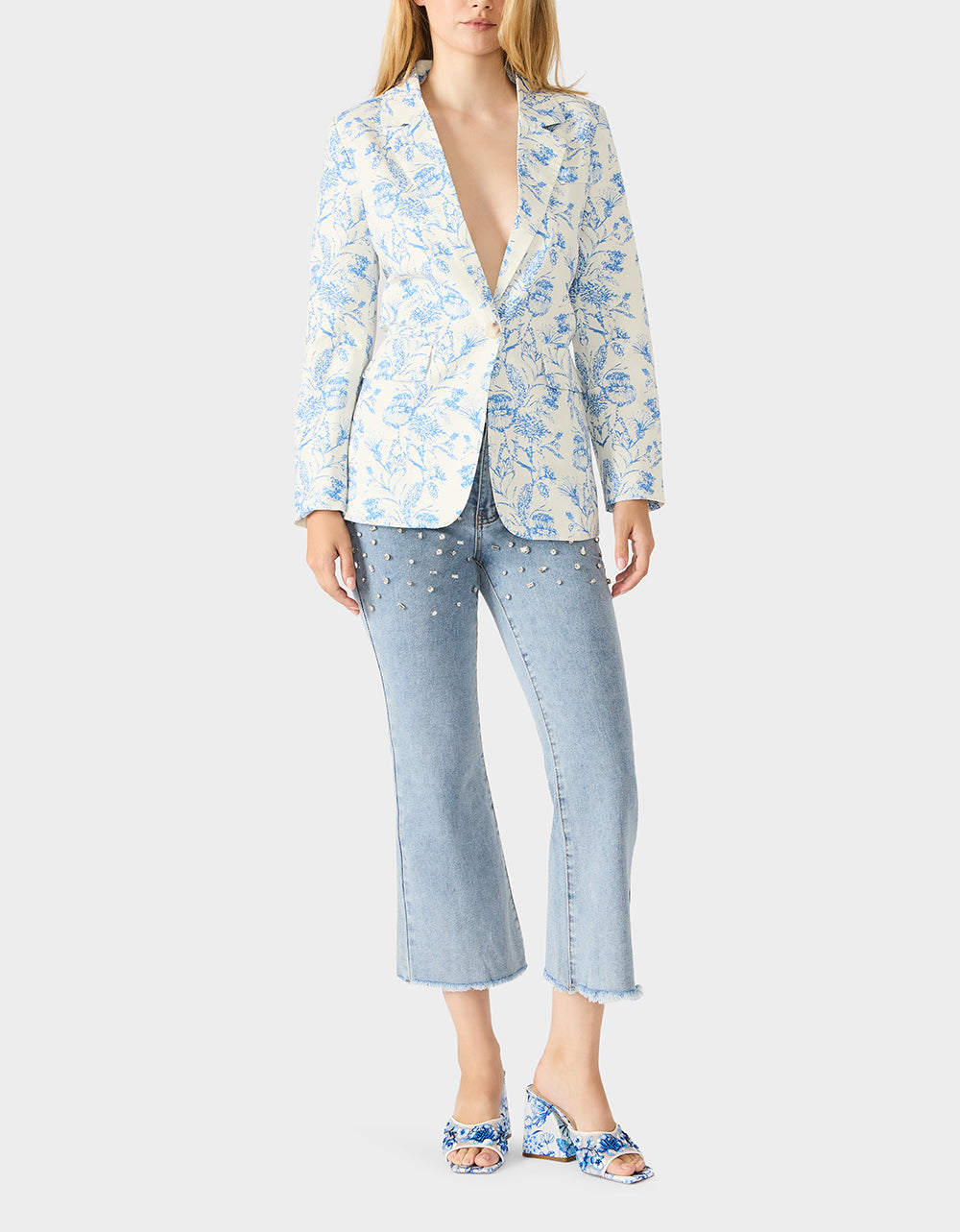 Betsey Johnson BOYFRIEND BLUE FLORAL BLAZER BLUE Women's Long-Sleeved Floral Print Blazer Jacket