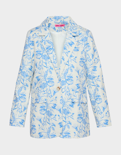 Betsey Johnson BOYFRIEND BLUE FLORAL BLAZER BLUE Women's Long-Sleeved Floral Print Blazer Jacket