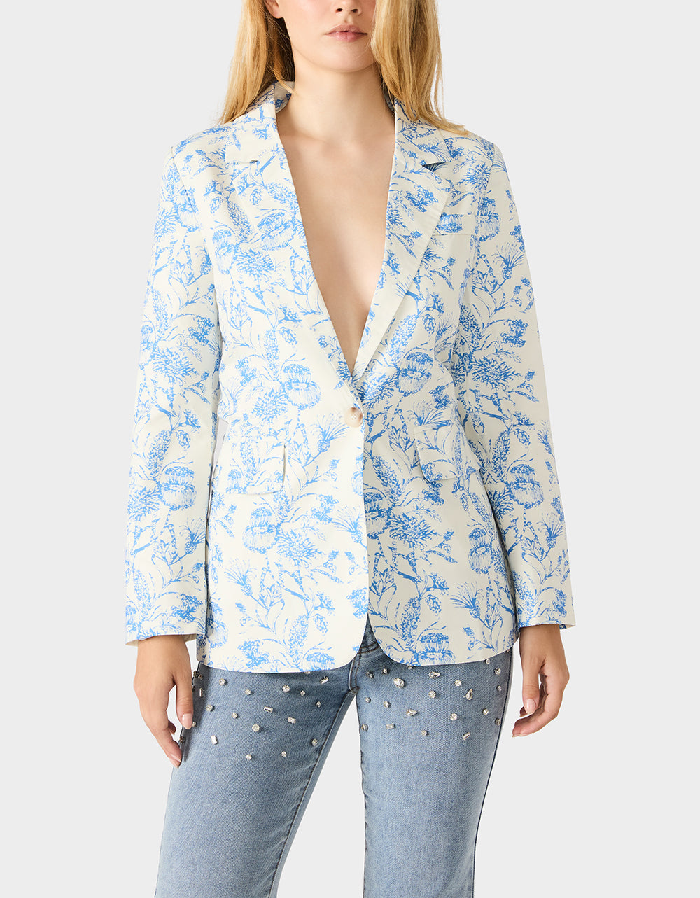 Betsey Johnson BOYFRIEND BLUE FLORAL BLAZER BLUE Women's Long-Sleeved Floral Print Blazer Jacket