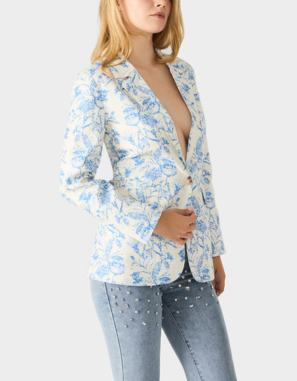 Betsey Johnson BOYFRIEND BLUE FLORAL BLAZER BLUE Women's Long-Sleeved Floral Print Blazer Jacket