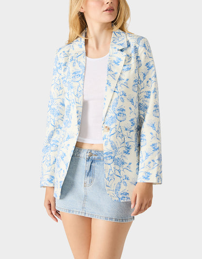 Betsey Johnson BOYFRIEND BLUE FLORAL BLAZER BLUE Women's Long-Sleeved Floral Print Blazer Jacket