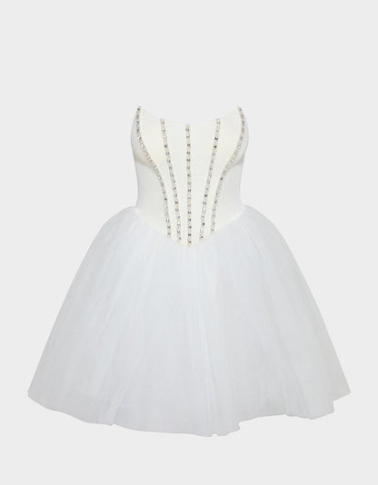 Betsey Johnson SHEER BALLERINA DRESS WHITE Women's Strapless Rhinestone Embellished Tulle Mini Dress