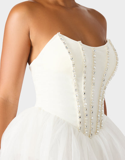 Betsey Johnson SHEER BALLERINA DRESS WHITE Women's Strapless Rhinestone Embellished Tulle Mini Dress