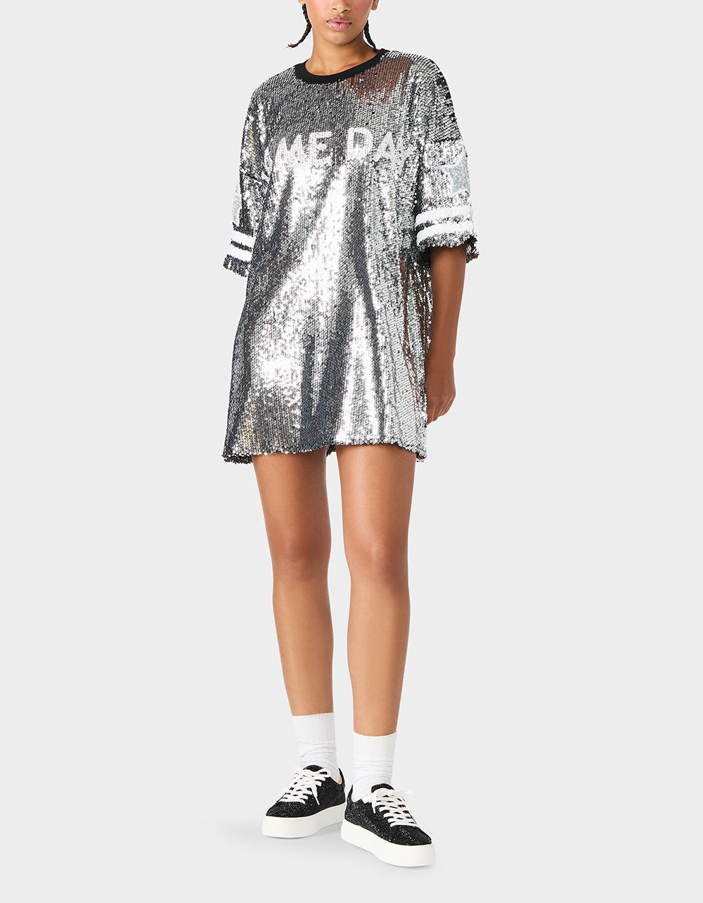 Betsey Johnson GAME DAY JERSEY SEQUIN DRESS SILVER Women's Sequin Short-Sleeved Dress