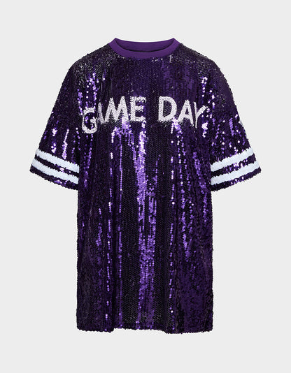 Betsey Johnson GAME DAY JERSEY SEQUIN DRESS PURPLE Women's Sequin Short-Sleeved Dress