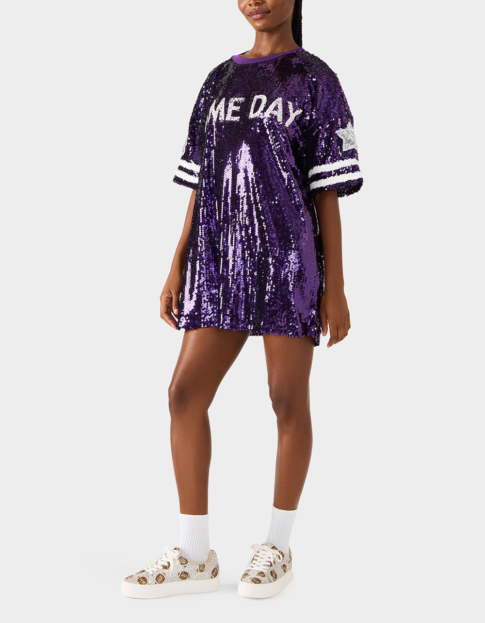 Betsey Johnson GAME DAY JERSEY SEQUIN DRESS PURPLE Women's Sequin Short-Sleeved Dress
