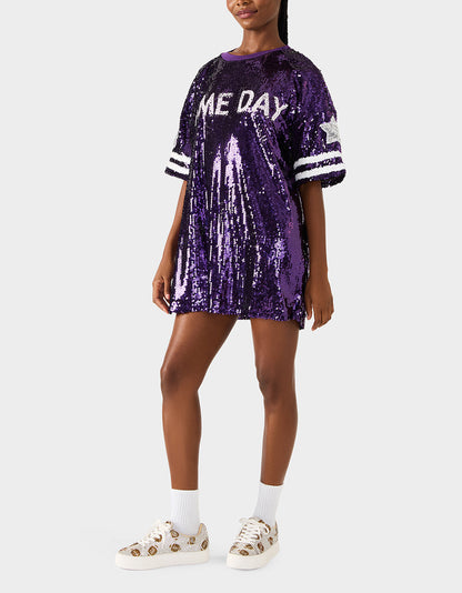 Betsey Johnson GAME DAY JERSEY SEQUIN DRESS PURPLE Women's Sequin Short-Sleeved Dress