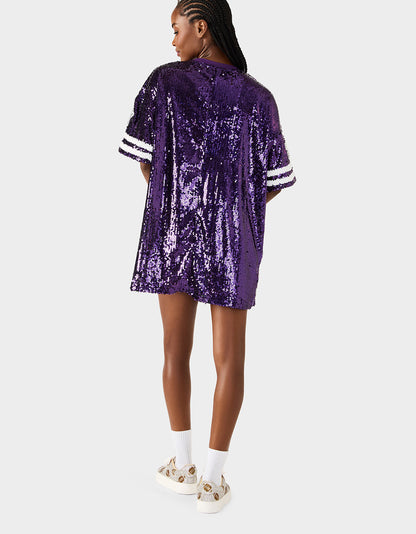 Betsey Johnson GAME DAY JERSEY SEQUIN DRESS PURPLE Women's Sequin Short-Sleeved Dress