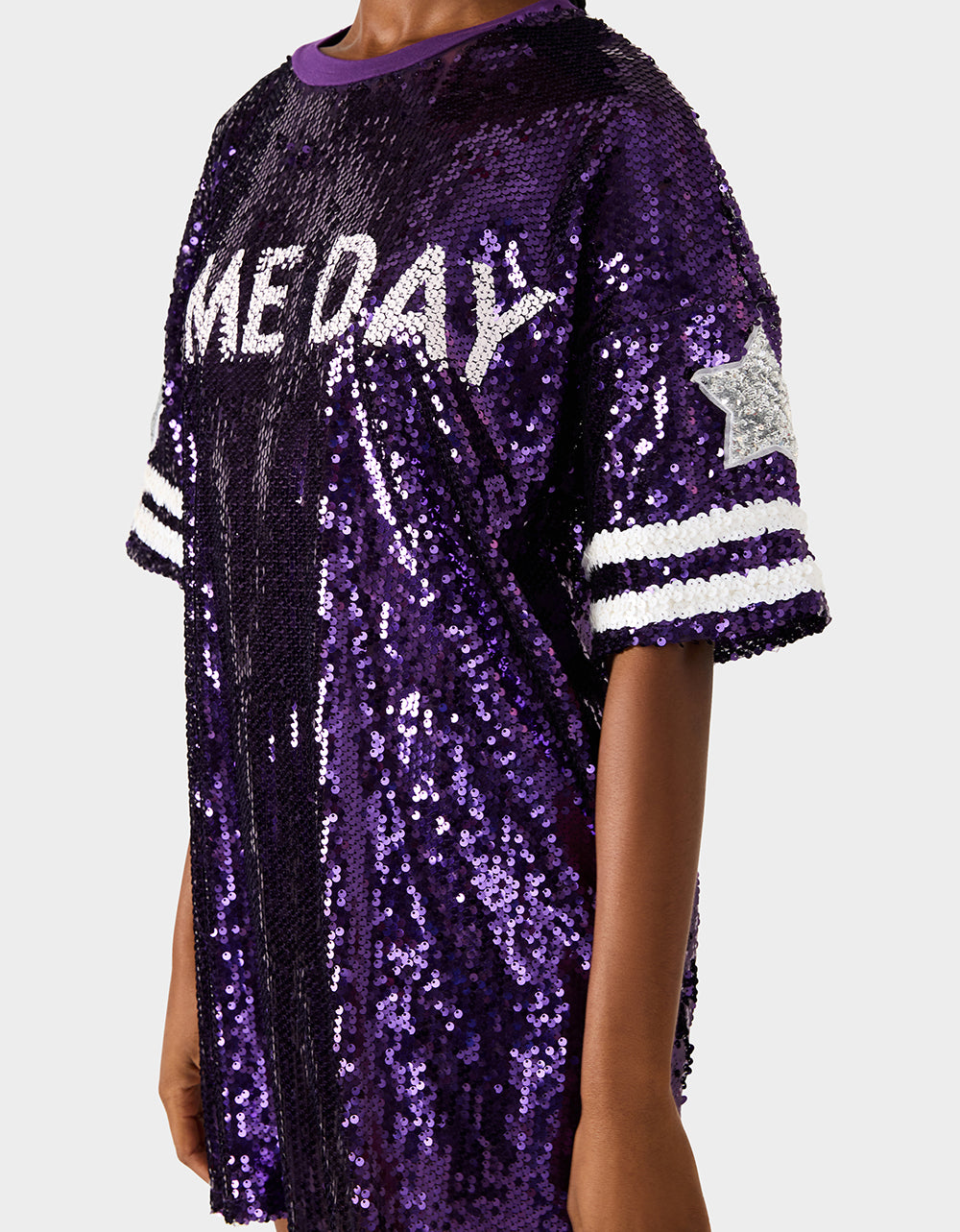 Betsey Johnson GAME DAY JERSEY SEQUIN DRESS PURPLE Women's Sequin Short-Sleeved Dress