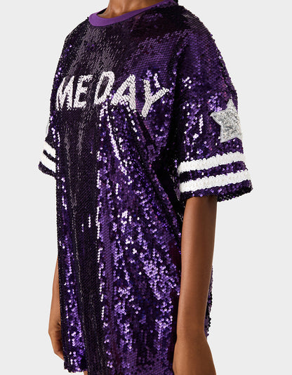 Betsey Johnson GAME DAY JERSEY SEQUIN DRESS PURPLE Women's Sequin Short-Sleeved Dress