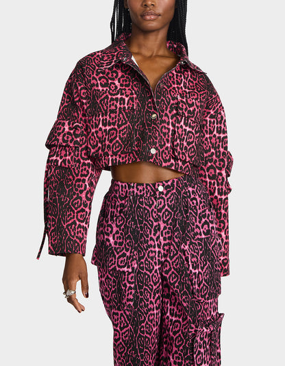 Betsey Johnson YUKI CROPPED JACKET PINK Women's Cargo Leopard Long-Sleeved Denim Jacket