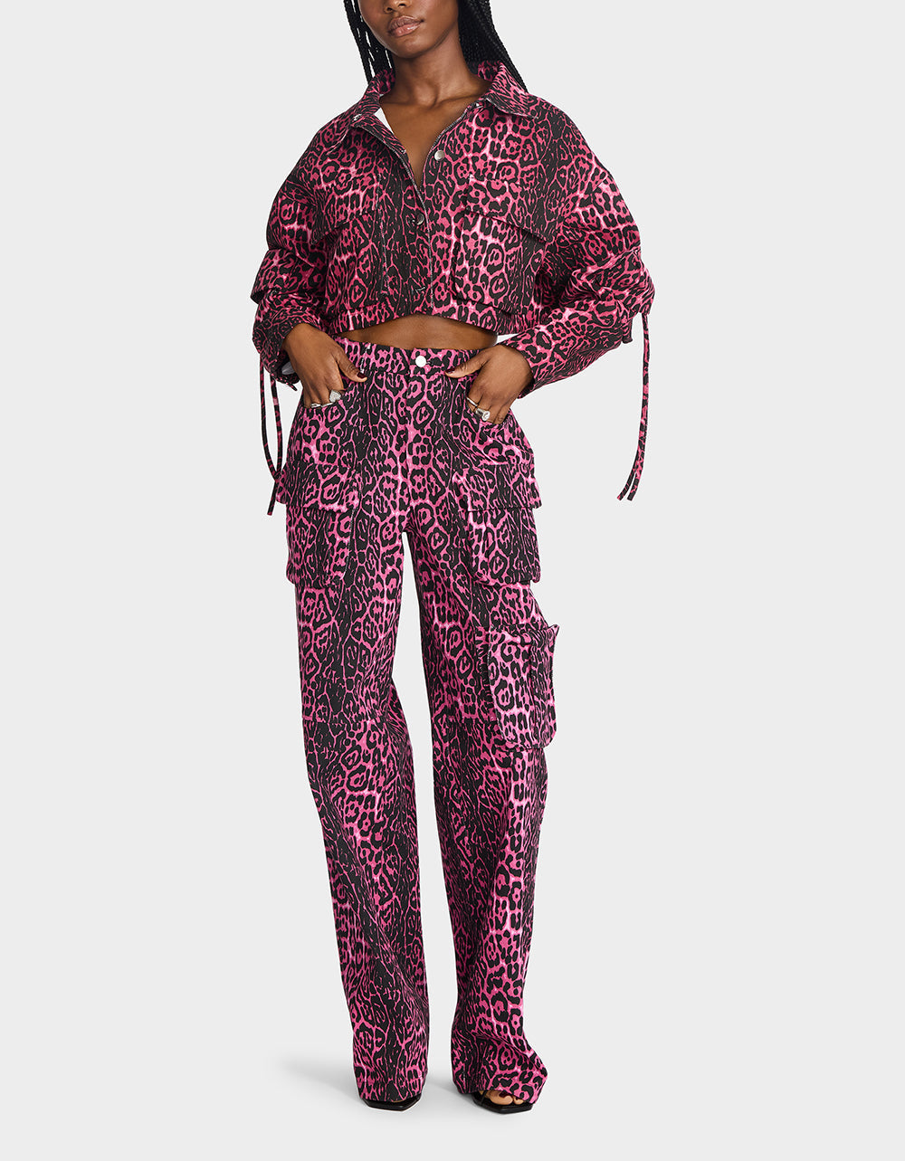 Betsey Johnson YUKI CROPPED JACKET PINK Women's Cargo Leopard Long-Sleeved Denim Jacket
