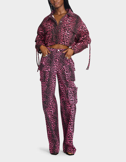 Betsey Johnson YUKI CROPPED JACKET PINK Women's Cargo Leopard Long-Sleeved Denim Jacket